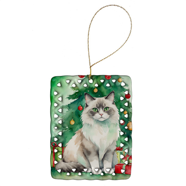 Ragdoll Cat By the Christmas Tree Porcelain Ornament product image at NuMercy
