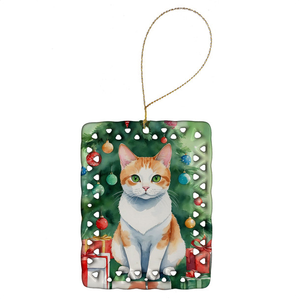 Japanese Bobtail Cat By the Christmas Tree Porcelain Ornament product image at NuMercy