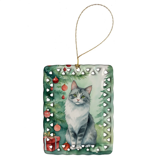 Australian Mist Cat By the Christmas Tree Porcelain Ornament product image at NuMercy