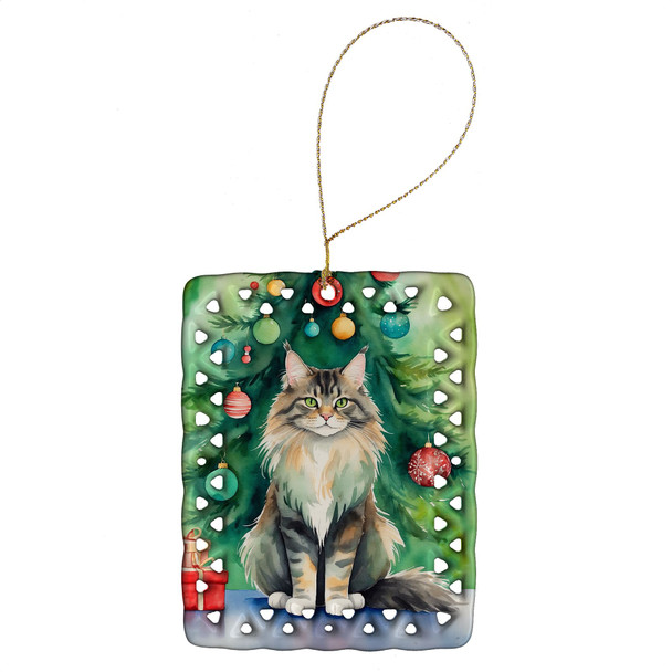 Maine Coon Cat By the Christmas Tree Porcelain Ornament product image at NuMercy