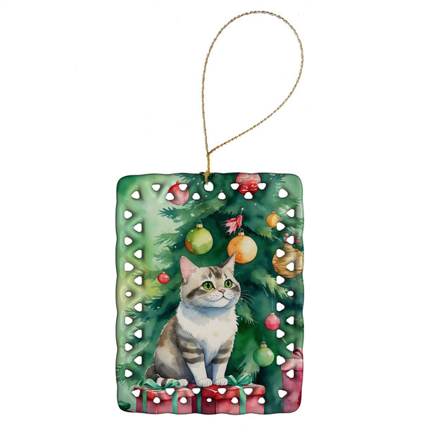 Li Hua Cat By the Christmas Tree Porcelain Ornament product image at NuMercy