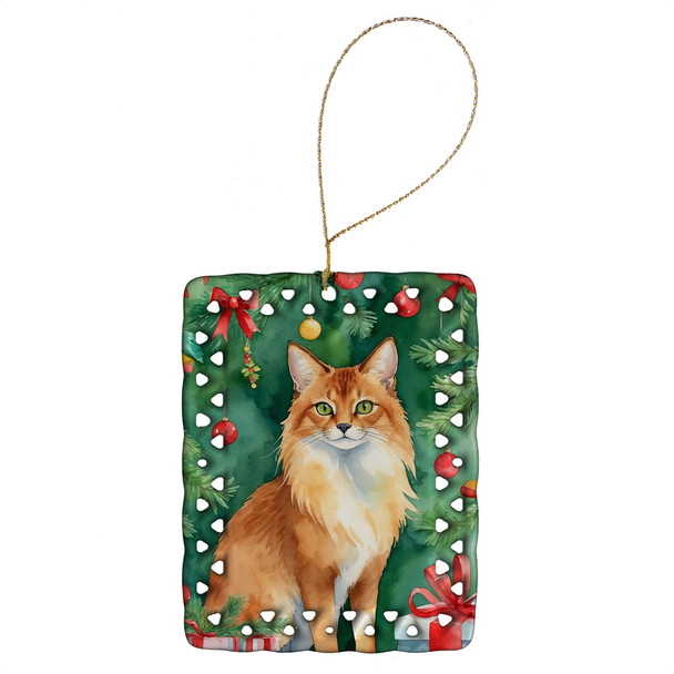 Somali Cat By the Christmas Tree Porcelain Ornament product image at NuMercy