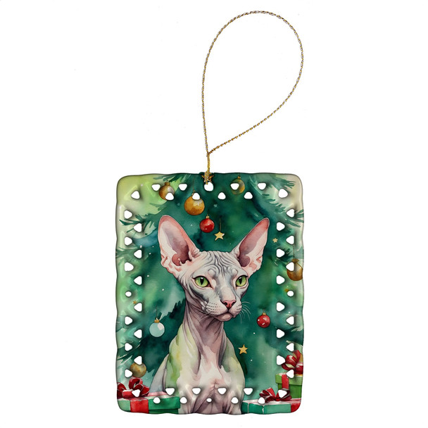Donskoy Don Sphynx Cat By the Christmas Tree Porcelain Ornament product image at 