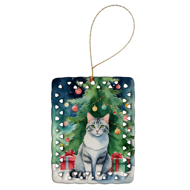 Aegean Cat By the Christmas Tree Porcelain Ornament product image at 