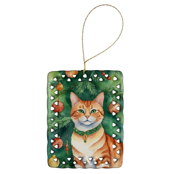 Suphalak Cat By the Christmas Tree Porcelain Ornament product image at NuMercy