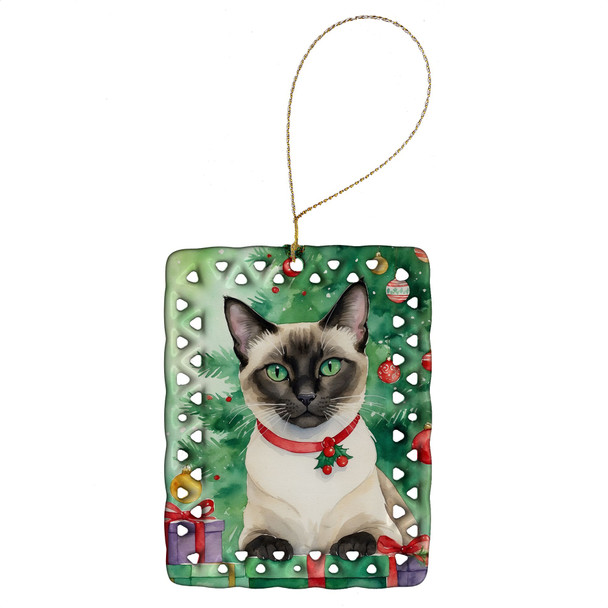 Siamese Cat By the Christmas Tree Porcelain Ornament product image at NuMercy