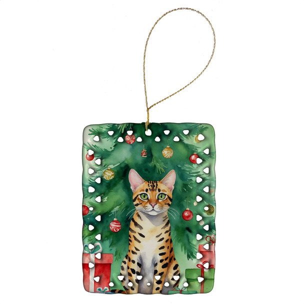 Bengal Cat By the Christmas Tree Porcelain Ornament product image at NuMercy
