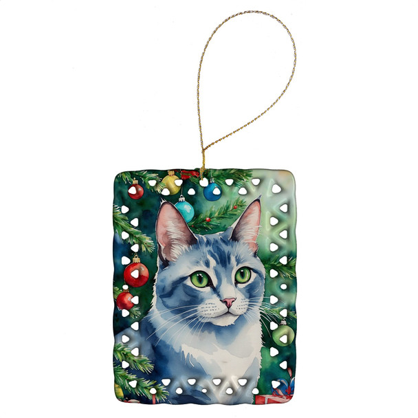Ojos Azules Cat By the Christmas Tree Porcelain Ornament product image at NuMercy