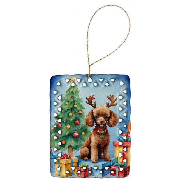 Chocolate Toy Poodle Christmas Reindeer Porcelain Ornament product image at NuMercy