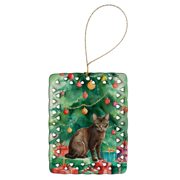 Havana Brown Cat By the Christmas Tree Porcelain Ornament product image at NuMercy
