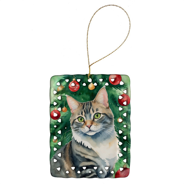 American Bobtail Cat By the Christmas Tree Porcelain Ornament product image at NuMercy
