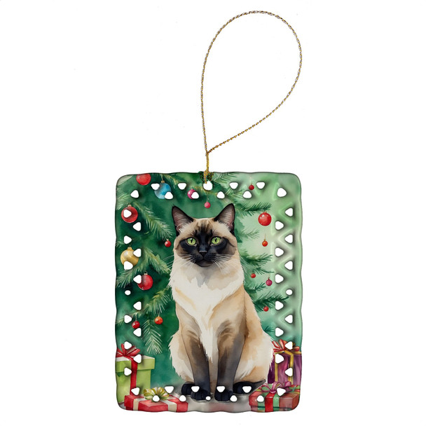 Birman Cat By the Christmas Tree Porcelain Ornament product image at NuMercy