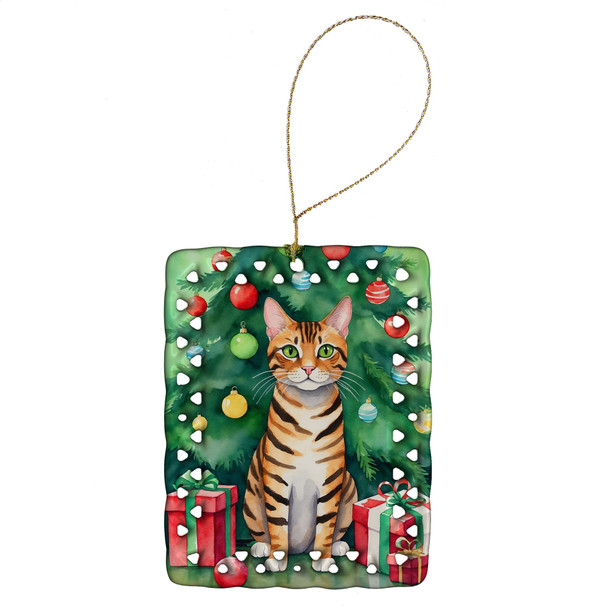 Toyger Cat By the Christmas Tree Porcelain Ornament product image at NuMercy