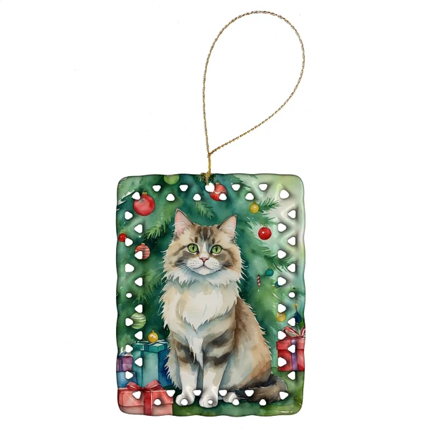 Ragamuffin Cat By the Christmas Tree Porcelain Ornament product image at NuMercy
