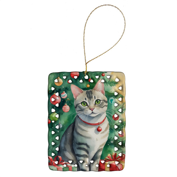 Asian Cat By the Christmas Tree Porcelain Ornament product image at NuMercy