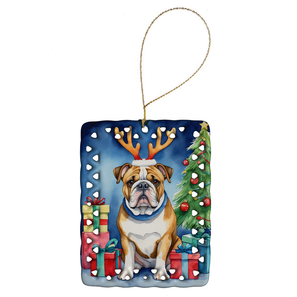 English Bulldog Christmas Reindeer Porcelain Ornament product image at NuMercy
