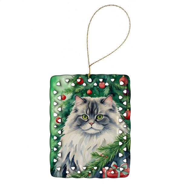 British Longhair Cat By the Christmas Tree Porcelain Ornament product image at NuMercy