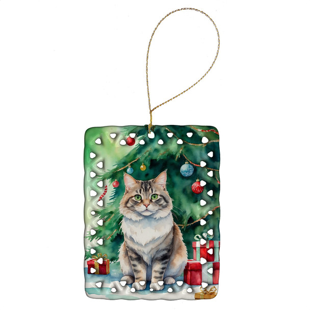 Kurilian Bobtail Cat By the Christmas Tree Porcelain Ornament product image at NuMercy