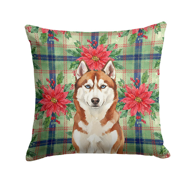 Red and White Siberian Husky Christmas Poinsettias Throw Pillow 14" x 14" product image at NuMercy