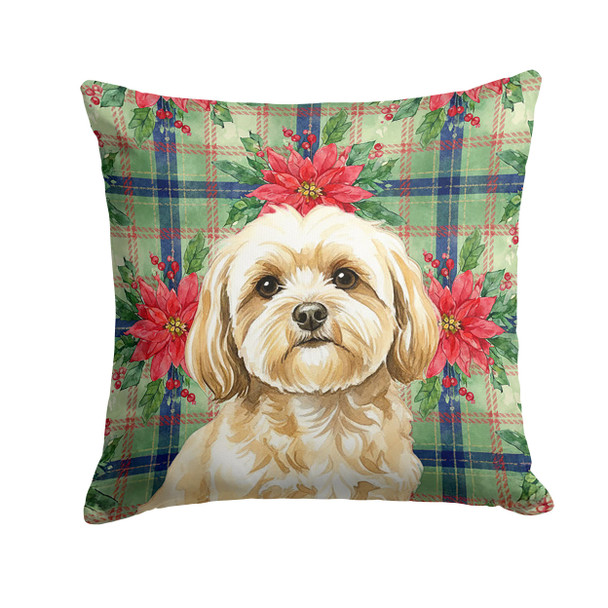Cream Lhasa Apso Christmas Poinsettias Throw Pillow 14" x 14" product image at NuMercy