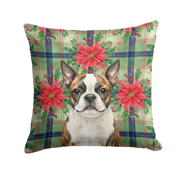 Brindle Boston Terrier Christmas Poinsettias Throw Pillow 14" x 14" product image at NuMercy