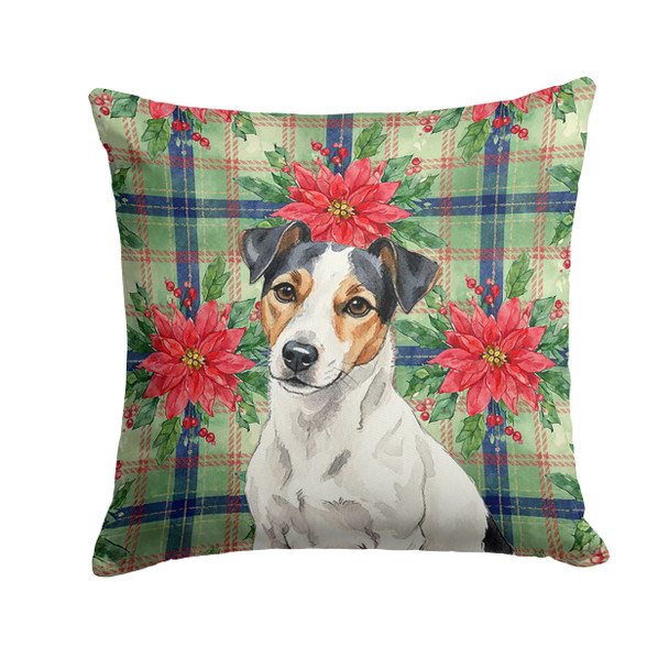 White with Black Markings Russell Terrier Christmas Poinsettias Throw Pillow 14" x 14" product image at NuMercy