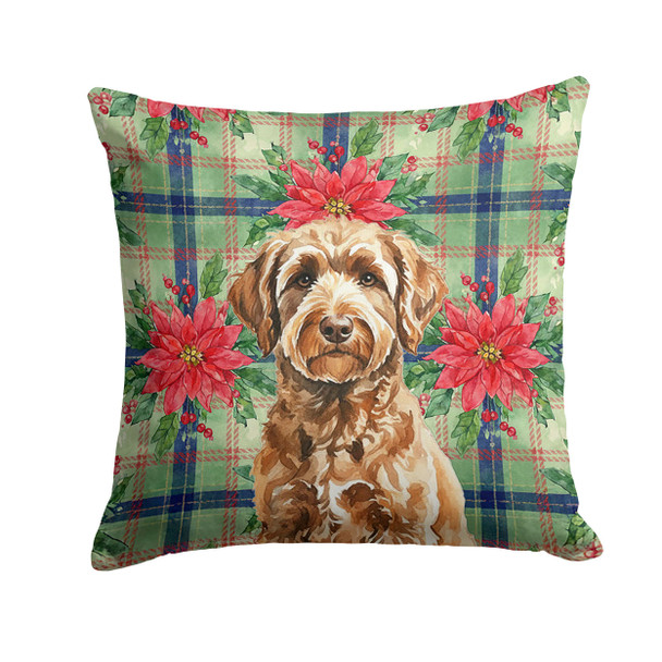 Chocolate Labradoodle Christmas Poinsettias Throw Pillow 14" x 14" product image at NuMercy
