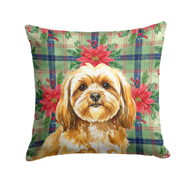 Gold Lhasa Apso Christmas Poinsettias Throw Pillow 14" x 14" product image at NuMercy