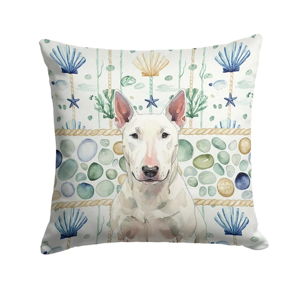 White Bull Terrier Coastal Sea Glass Throw Pillow 14" x 14" product image at NuMercy