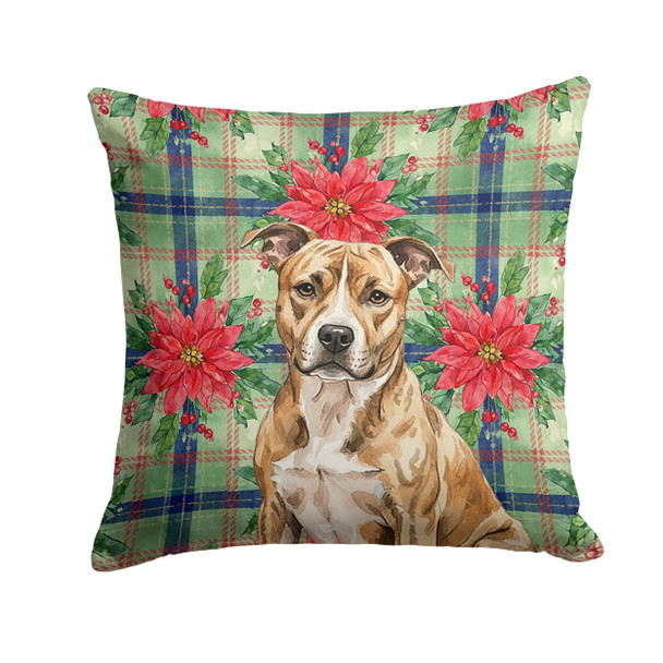 Brindle American Staffordshire Terrier Christmas Poinsettias Throw Pillow 14" x 14" product image at NuMercy
