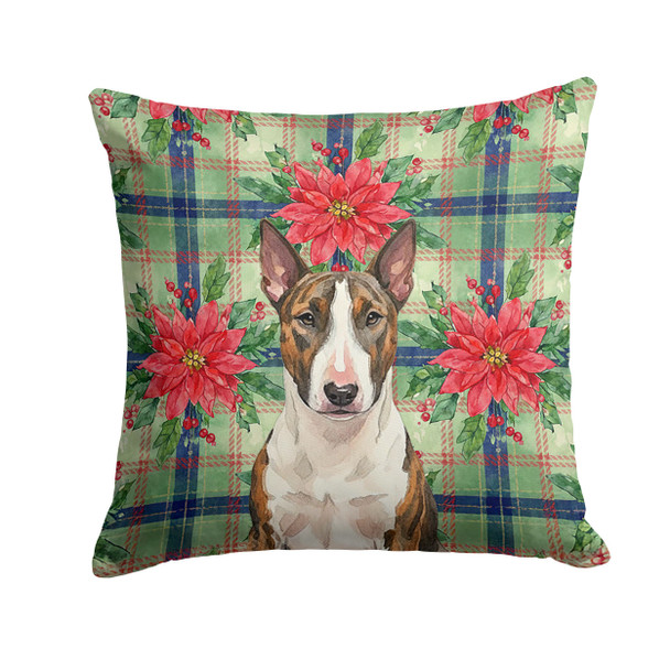 Brindle and White Bull Terrier Christmas Poinsettias Throw Pillow 14" x 14" product image at NuMercy