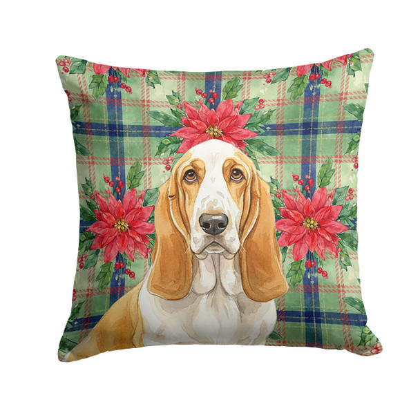 Lemon and White Basset Hound Christmas Poinsettias Throw Pillow 14" x 14" product image at NuMercy