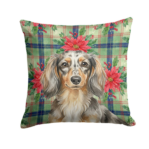 Longhaired Dapple Dachshund Christmas Poinsettias Throw Pillow 14" x 14" product image at NuMercy