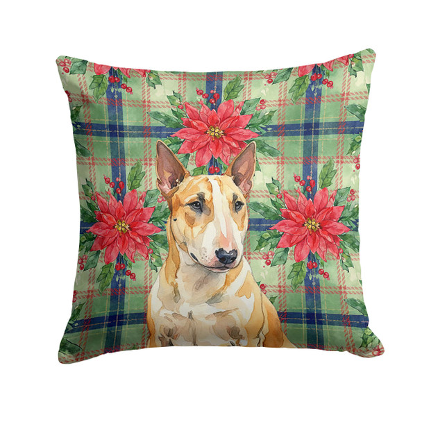 Miniature Bull Terrier Christmas Poinsettias Throw Pillow 14" x 14" product image at NuMercy