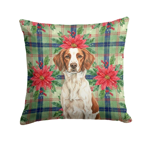 Liver and White Brittany Christmas Poinsettias Throw Pillow 14" x 14" product image at NuMercy