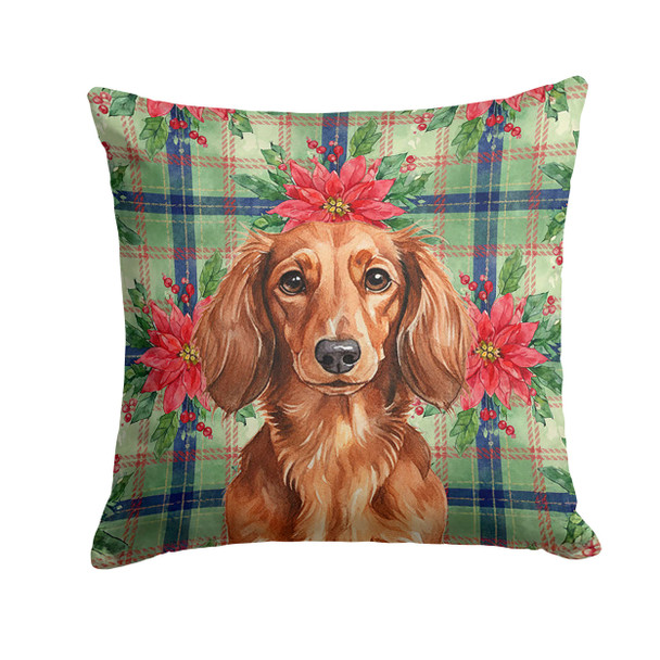Longhaired Red Dachshund Christmas Poinsettias Throw Pillow 14" x 14" product image at NuMercy