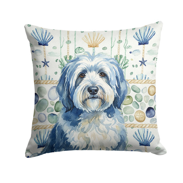 Blue and White Old English Sheepdog Coastal Sea Glass Throw Pillow 14" x 14" product image at NuMercy