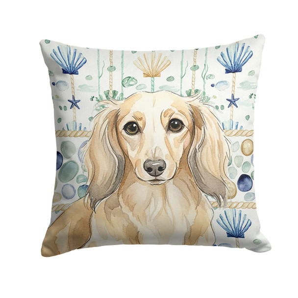 Longhaired Cream Dachshund Coastal Sea Glass Throw Pillow 14" x 14" product image at NuMercy
