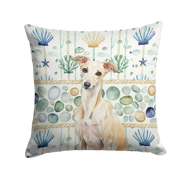 Cream Italian Greyhound Coastal Sea Glass Throw Pillow 14" x 14" product image at NuMercy