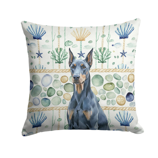 Blue Doberman Pinscher Coastal Sea Glass Throw Pillow 14" x 14" product image at NuMercy