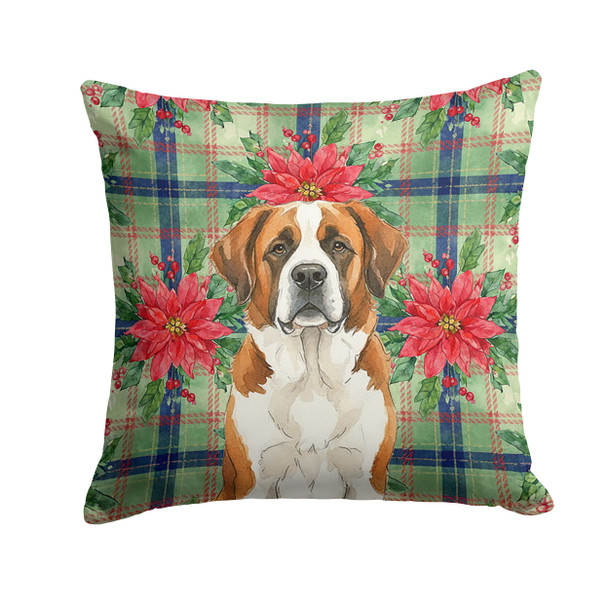 Brown and White Saint Bernard Christmas Poinsettias Throw Pillow 14" x 14" product image at NuMercy