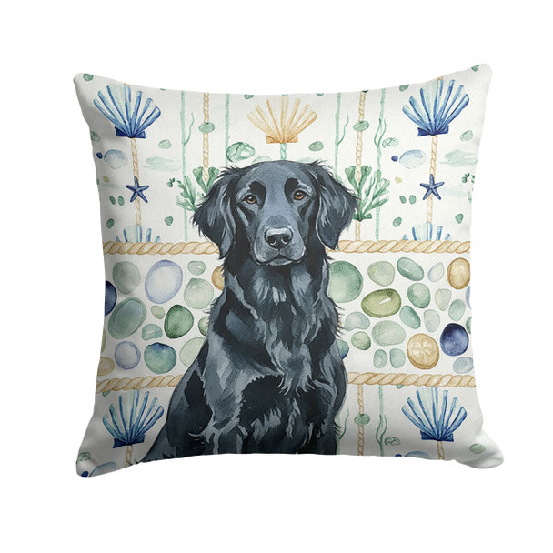 Black Flat-Coated Retriever Coastal Sea Glass Throw Pillow 14" x 14" product image at NuMercy