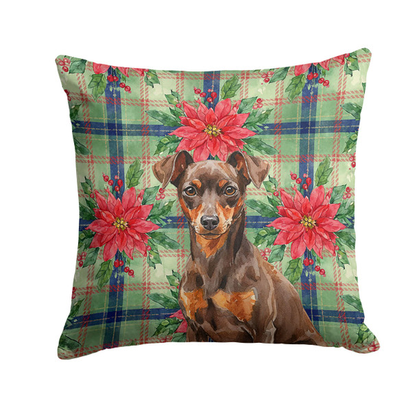 Chocolate and Rust Miniature Pinscher Min Pin Christmas Poinsettias Throw Pillow 14" x 14" product image at NuMercy