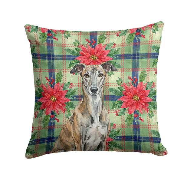 Brindle Greyhound Christmas Poinsettias Throw Pillow 14" x 14" product image at NuMercy