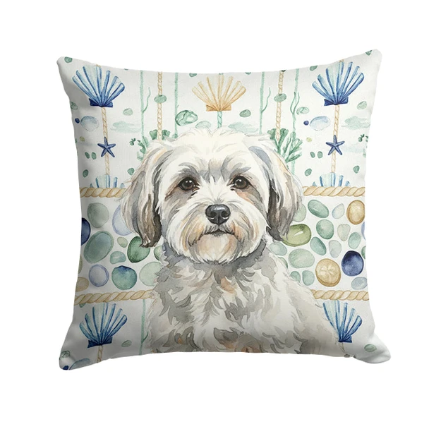 White with Gray Coton de Tulear Coastal Sea Glass Throw Pillow 14" x 14" product image at NuMercy