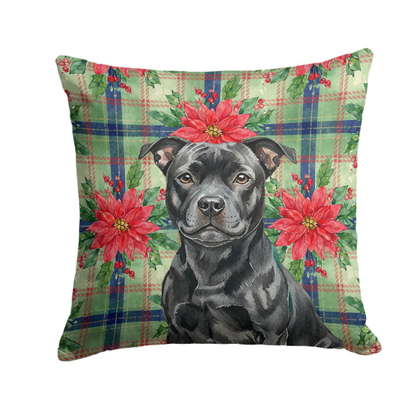 Black Staffordshire Bull Terrier Christmas Poinsettias Throw Pillow 14" x 14" product image at NuMercy