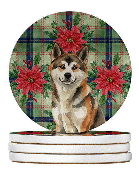 Sesame Akita Christmas Poinsettias Large Sandstone Absorbent Round Coasters Pack of 4 product image at NuMercy