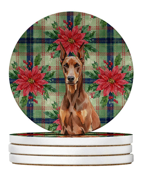 Red Doberman Pinscher Christmas Poinsettias Large Sandstone Absorbent Round Coasters Pack of 4 product image at NuMercy