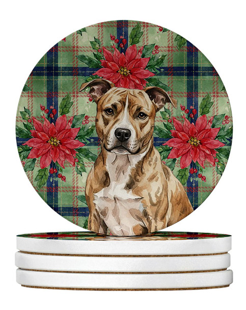 Brindle American Staffordshire Terrier Christmas Poinsettias Large Sandstone Absorbent Round Coasters Pack of 4 product image at NuMercy