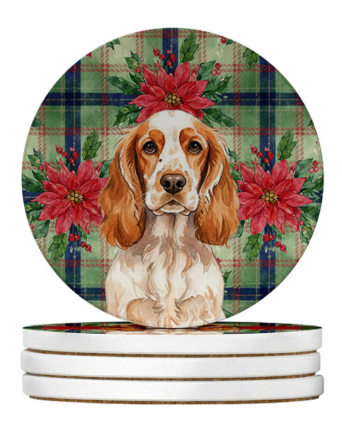 Orange Roan English Cocker Spaniel Christmas Poinsettias Large Sandstone Absorbent Round Coasters Pack of 4 product image at NuMercy